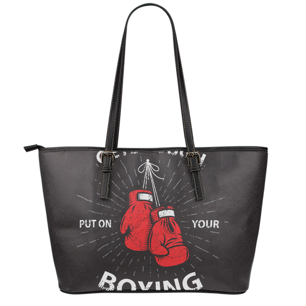 Put On Your Boxing Gloves Print Leather Tote Bag