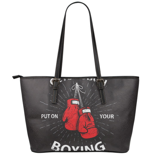 Put On Your Boxing Gloves Print Leather Tote Bag
