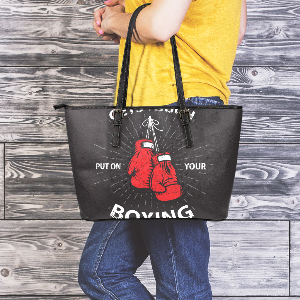 Put On Your Boxing Gloves Print Leather Tote Bag