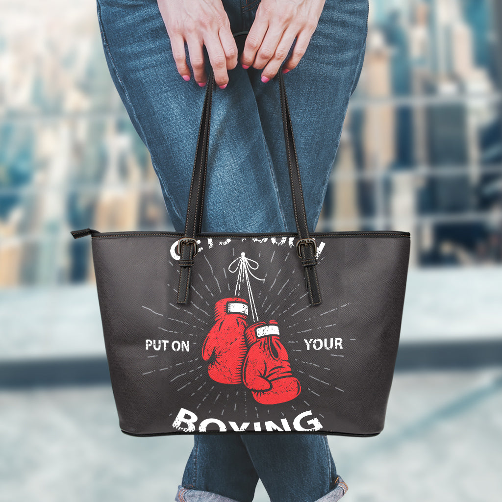 Put On Your Boxing Gloves Print Leather Tote Bag