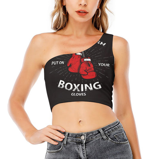 Put On Your Boxing Gloves Print One Shoulder Crop Top