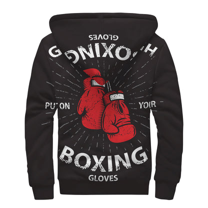Put On Your Boxing Gloves Print Sherpa Lined Zip Up Hoodie