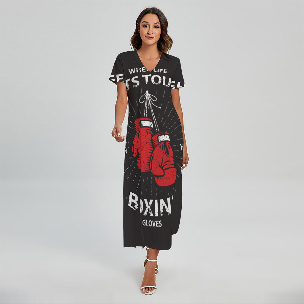 Put On Your Boxing Gloves Print Short Sleeve Maxi Dress