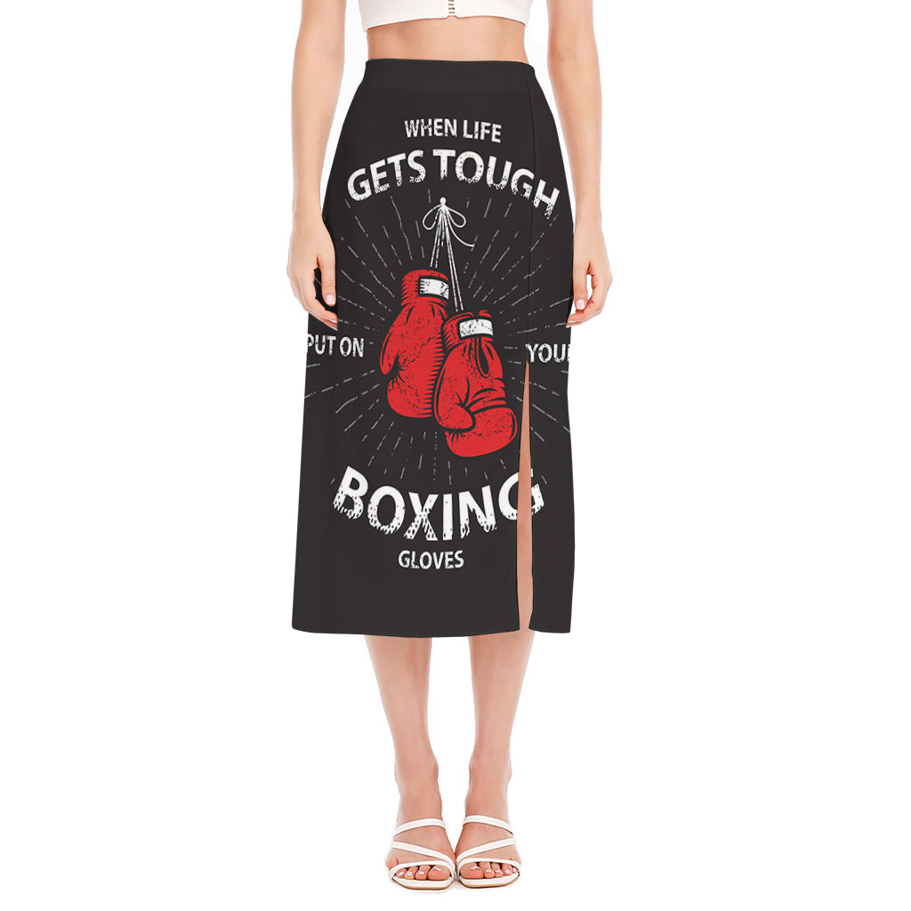 Put On Your Boxing Gloves Print Side Slit Midi Skirt