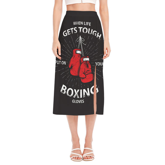 Put On Your Boxing Gloves Print Side Slit Midi Skirt