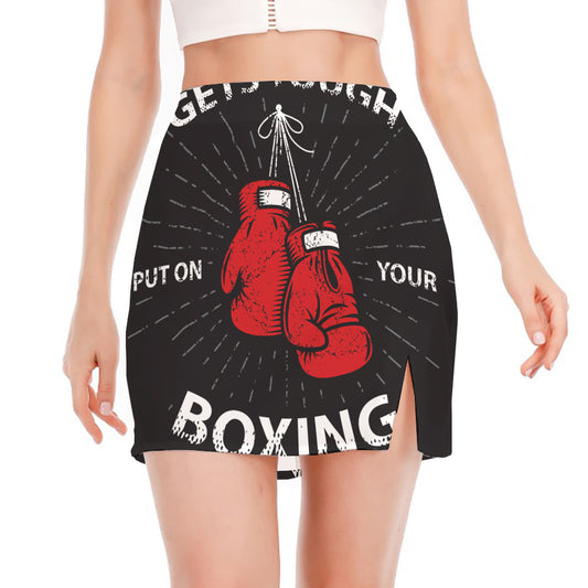 Put On Your Boxing Gloves Print Side Slit Mini Skirt