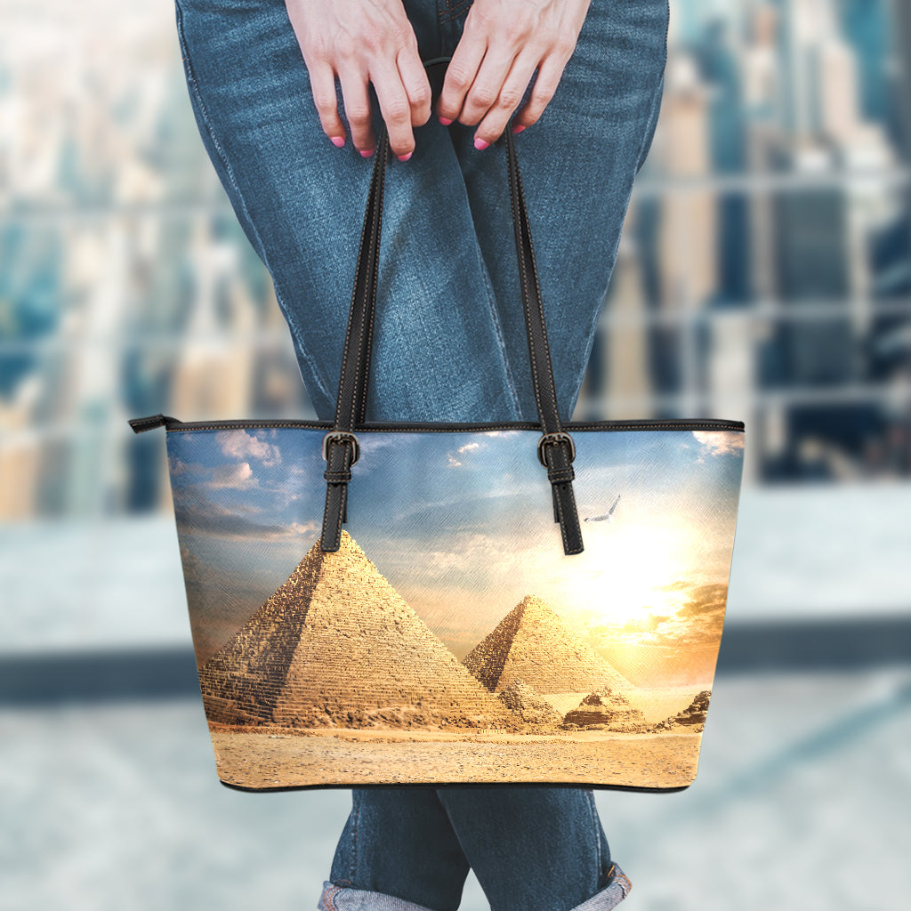 Pyramid Sunset Print Leather Tote Bag