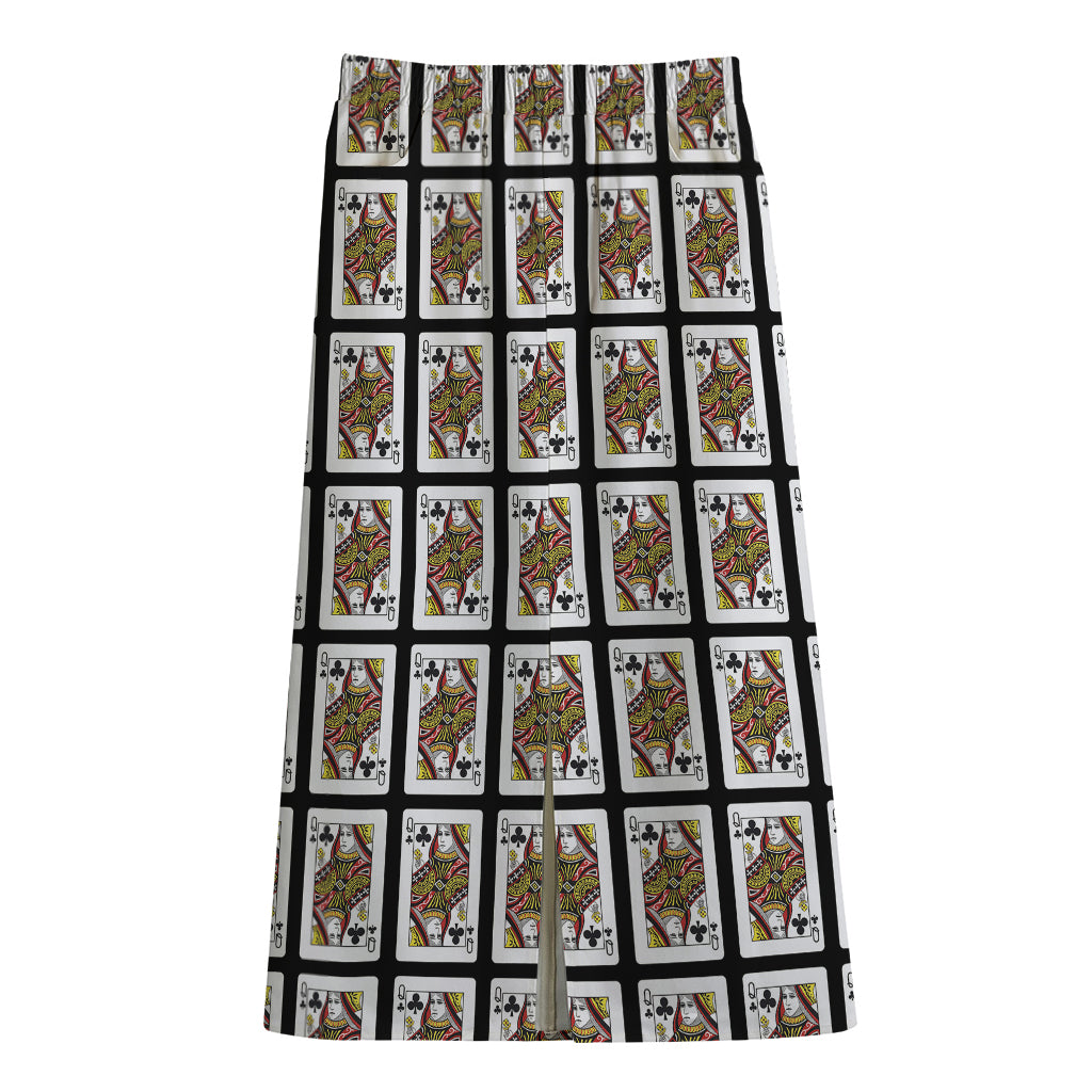Queen Of Clubs Pattern Print Cotton Front Slit Maxi Skirt