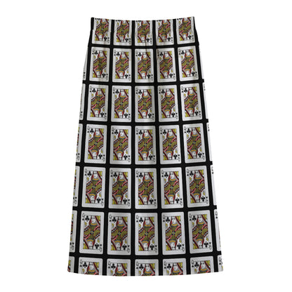 Queen Of Clubs Pattern Print Cotton Front Slit Maxi Skirt