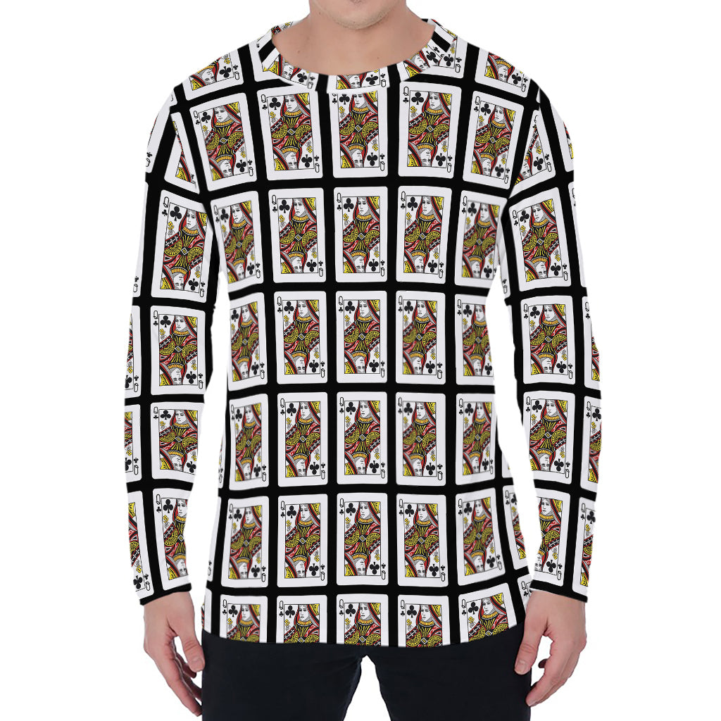 Queen Of Clubs Pattern Print Men's Long Sleeve T-Shirt