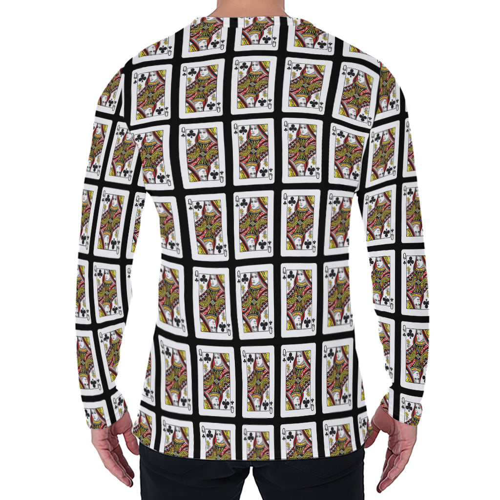Queen Of Clubs Pattern Print Men's Long Sleeve T-Shirt