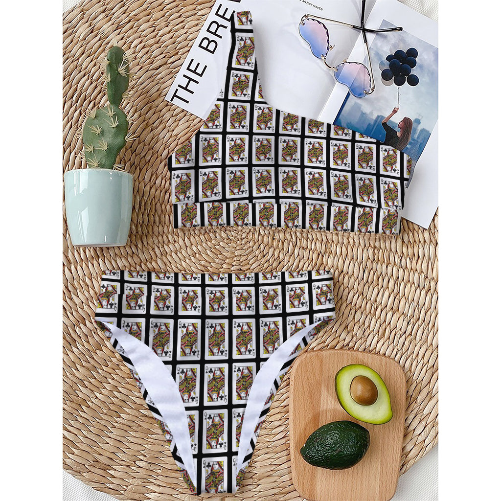 Queen Of Clubs Pattern Print One Shoulder Bikini Top