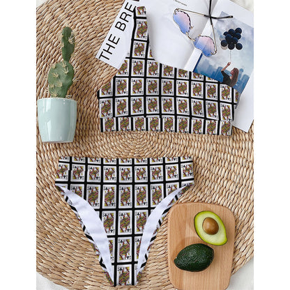 Queen Of Clubs Pattern Print One Shoulder Bikini Top