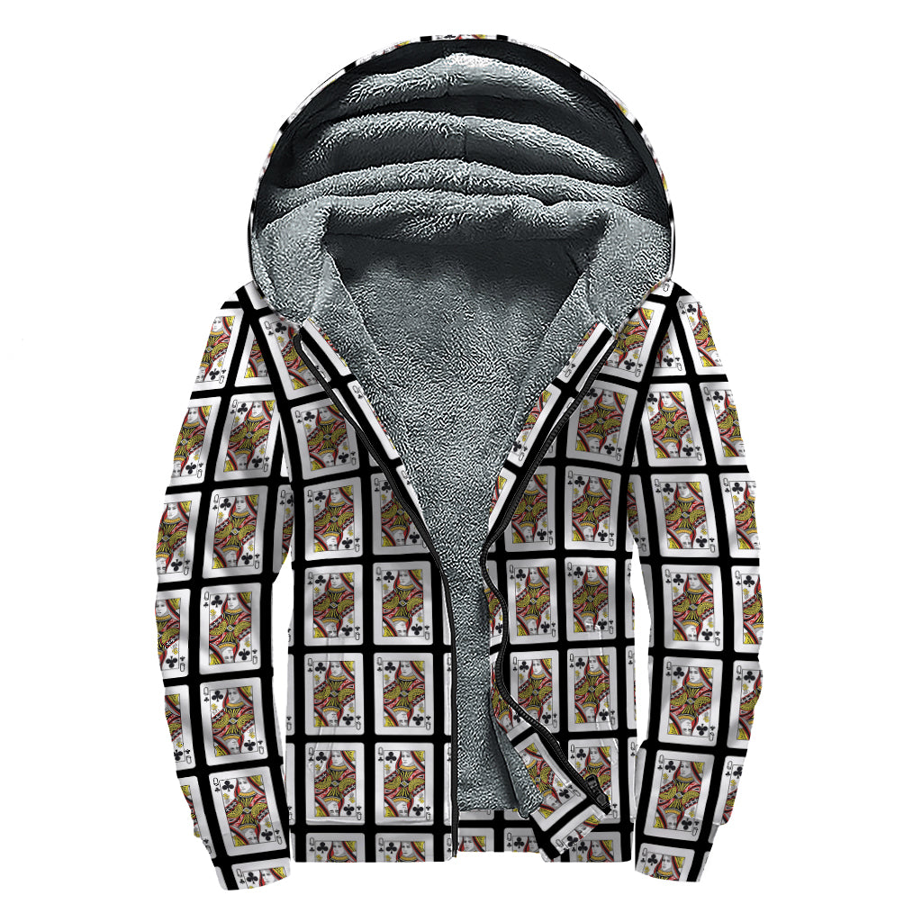 Queen Of Clubs Pattern Print Sherpa Lined Zip Up Hoodie