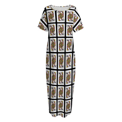 Queen Of Clubs Pattern Print Short Sleeve Long Nightdress
