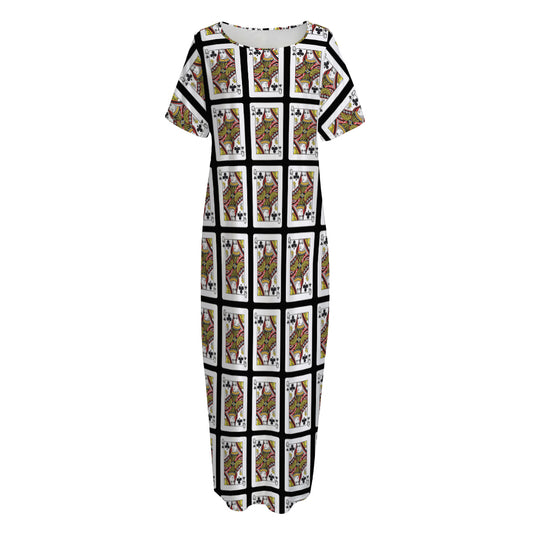 Queen Of Clubs Pattern Print Short Sleeve Long Nightdress