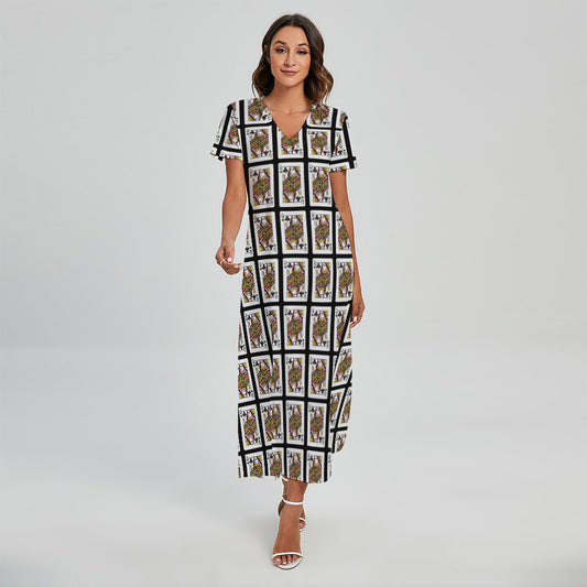 Queen Of Clubs Pattern Print Short Sleeve Maxi Dress