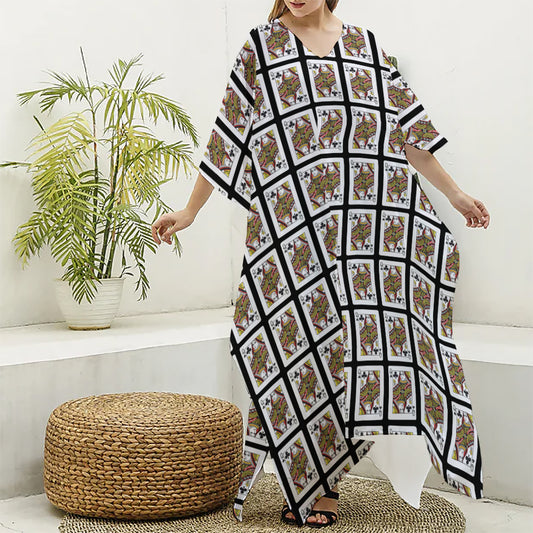 Queen Of Clubs Pattern Print Silk V-Neck Kaftan Dress