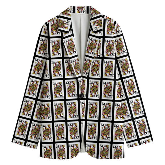 Queen Of Clubs Pattern Print Women's Cotton Blazer