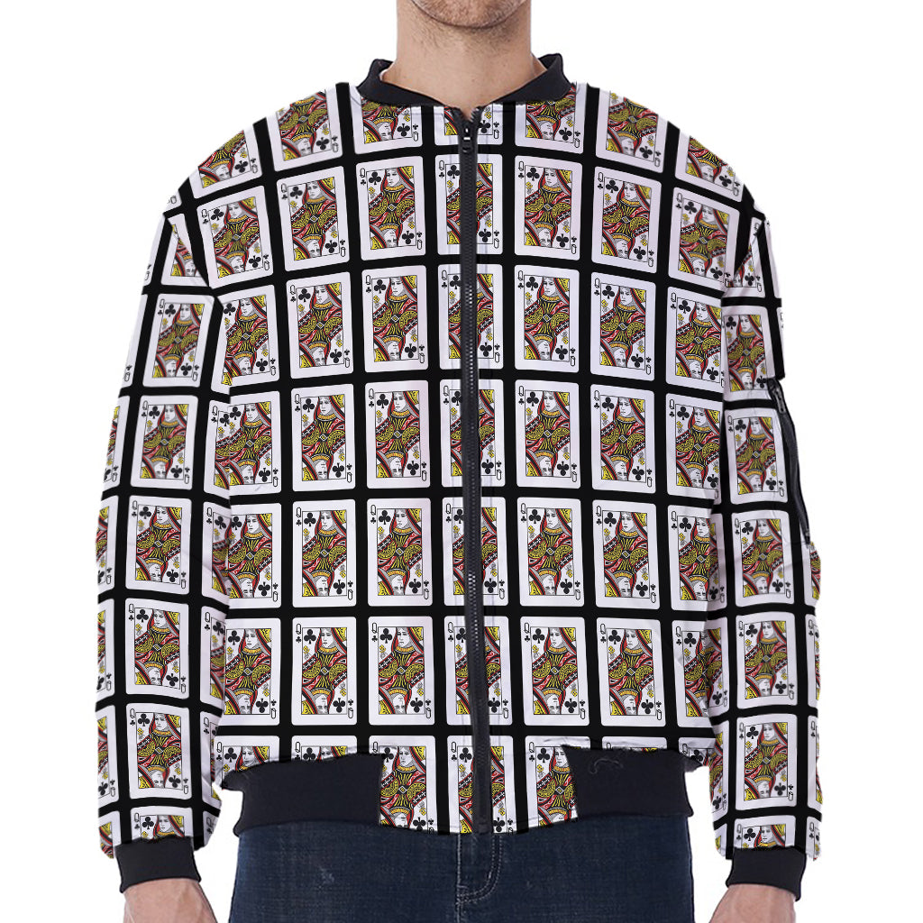 Queen Of Clubs Pattern Print Zip Sleeve Bomber Jacket