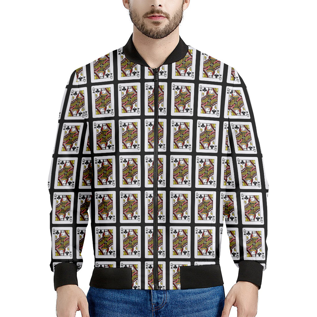 Queen Of Clubs Playing Card Pattern Print Men's Bomber Jacket
