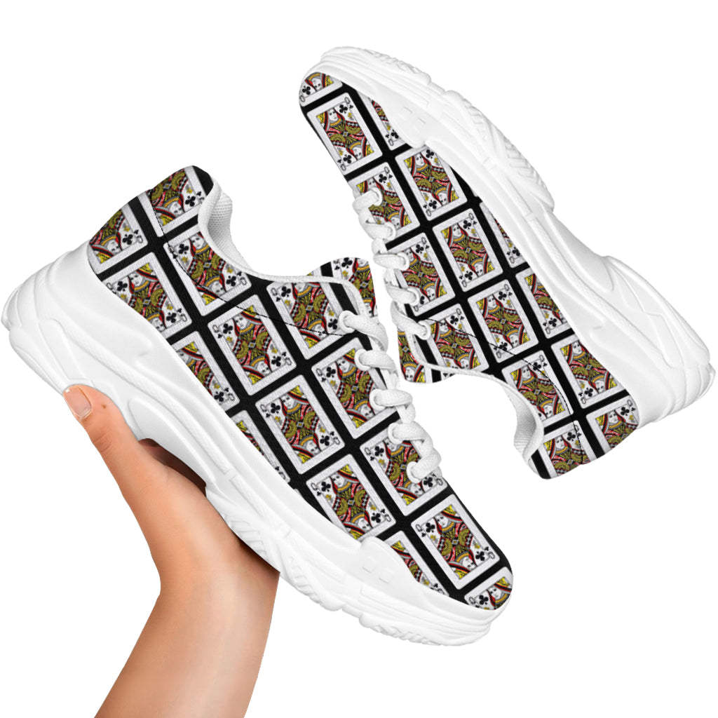 Queen Of Clubs Playing Card Pattern Print White Chunky Shoes