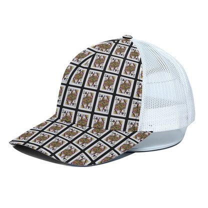 Queen Of Clubs Playing Card Pattern Print White Mesh Trucker Cap