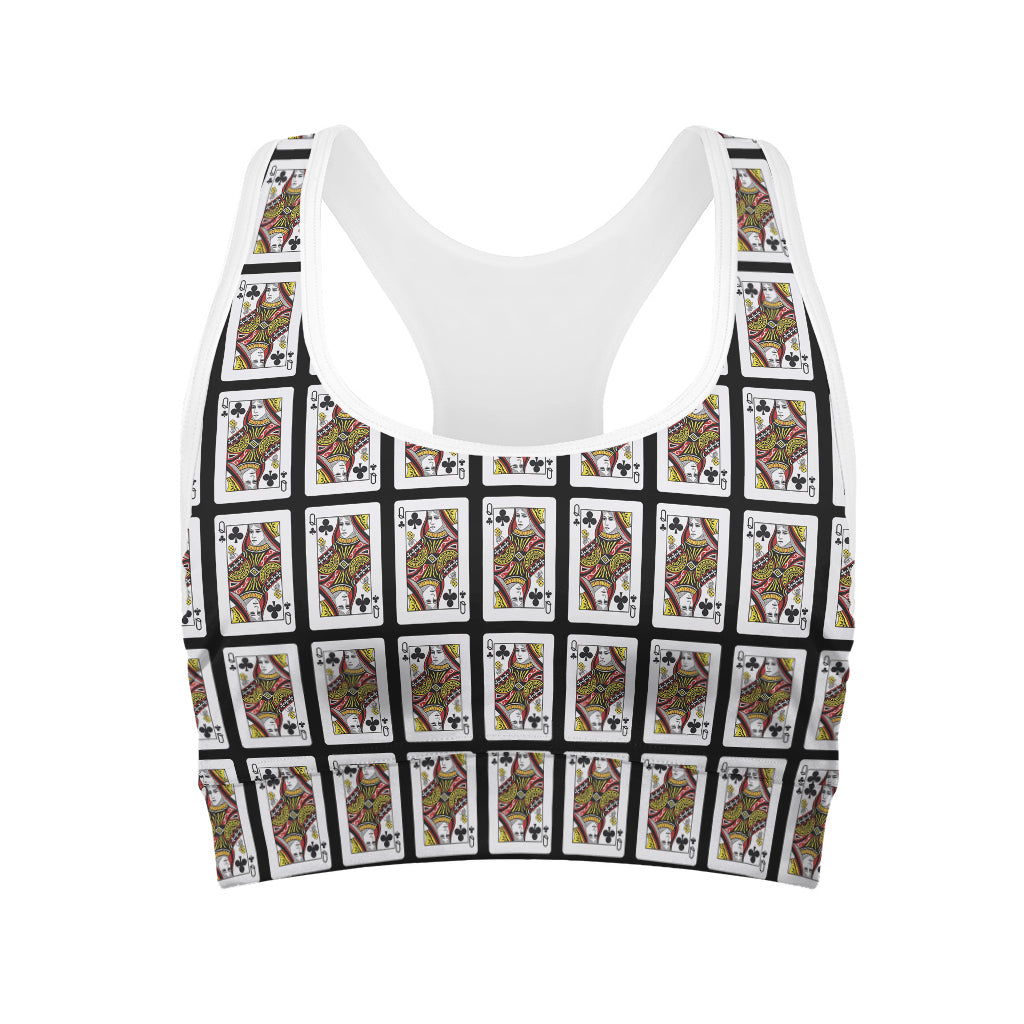 Queen Of Clubs Playing Card Pattern Print Women's Sports Bra