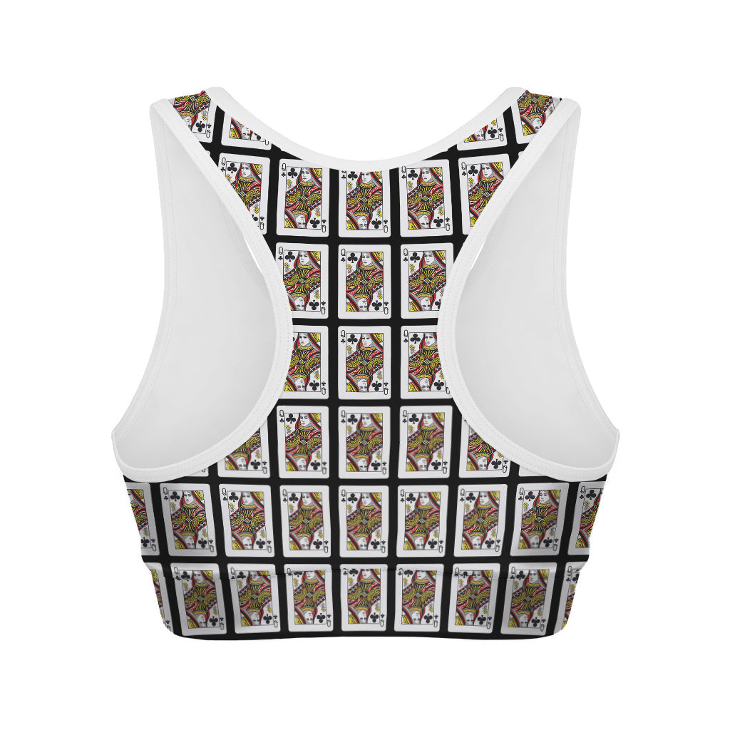 Queen Of Clubs Playing Card Pattern Print Women's Sports Bra