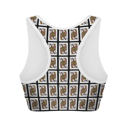 Queen Of Clubs Playing Card Pattern Print Women's Sports Bra