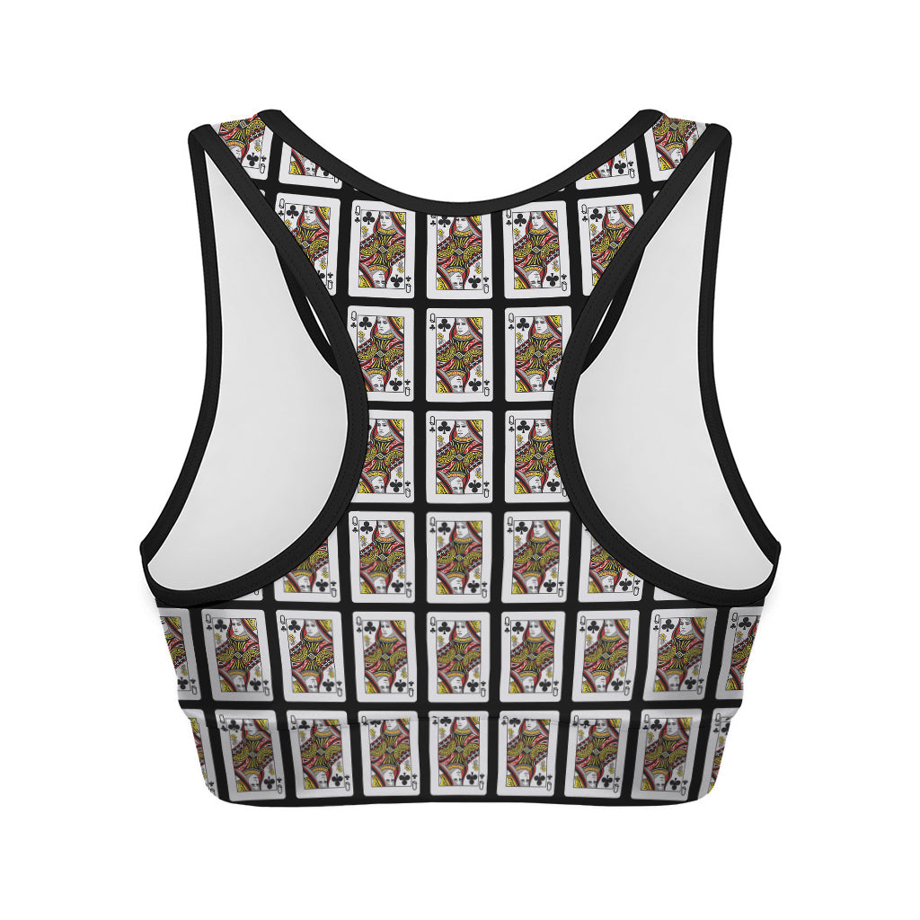 Queen Of Clubs Playing Card Pattern Print Women's Sports Bra