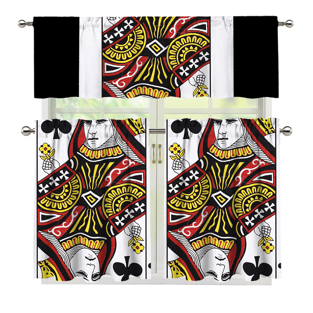 Queen Of Clubs Playing Card Print 3 Piece Kitchen Curtains