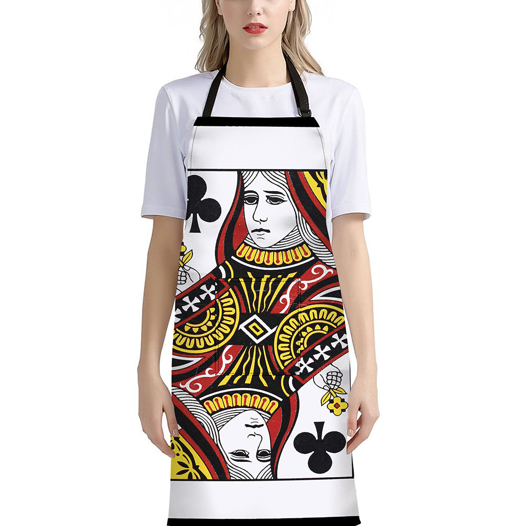 Queen Of Clubs Playing Card Print Bib Apron With Pocket
