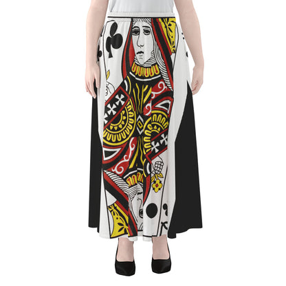 Queen Of Clubs Playing Card Print Chiffon Maxi Skirt