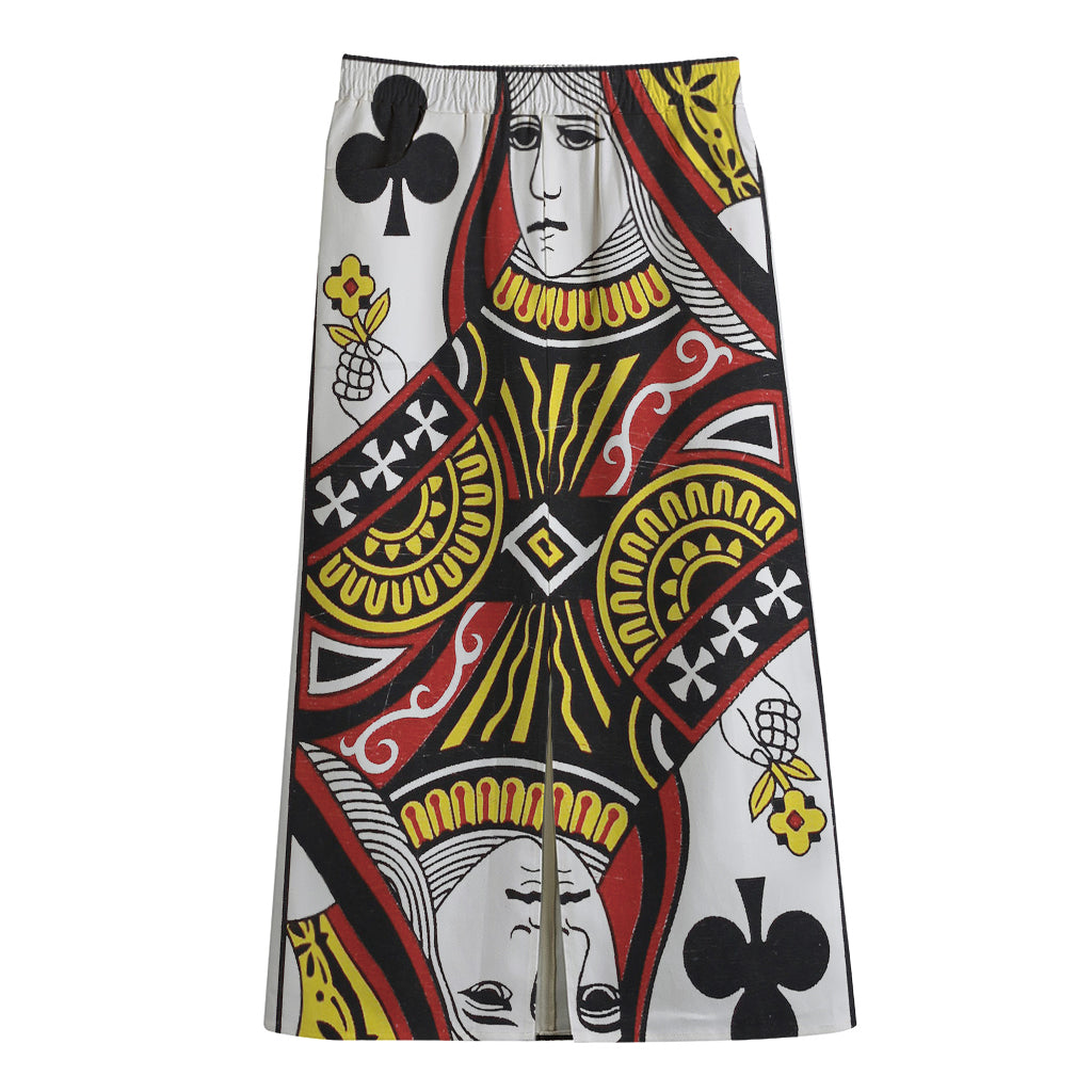 Queen Of Clubs Playing Card Print Cotton Front Slit Maxi Skirt