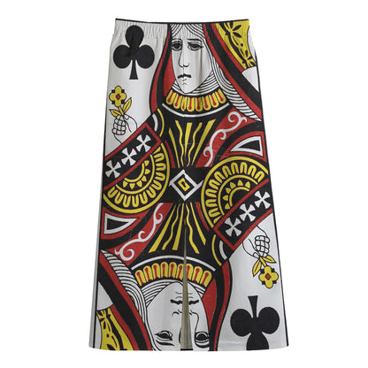 Queen Of Clubs Playing Card Print Cotton Front Slit Maxi Skirt