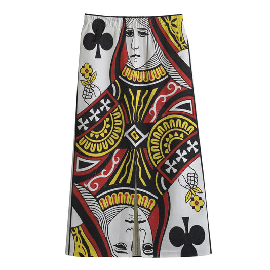Queen Of Clubs Playing Card Print Cotton Front Slit Maxi Skirt
