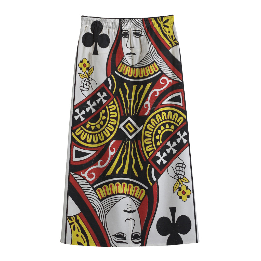 Queen Of Clubs Playing Card Print Cotton Front Slit Maxi Skirt