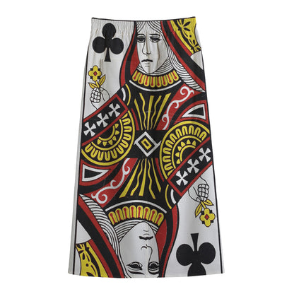 Queen Of Clubs Playing Card Print Cotton Front Slit Maxi Skirt