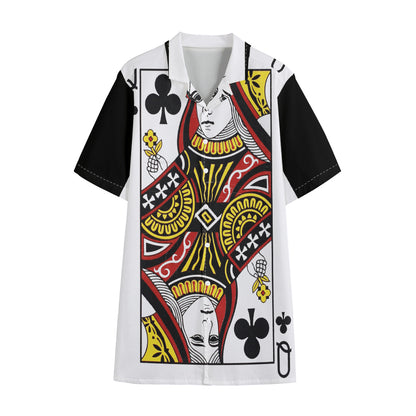 Queen Of Clubs Playing Card Print Cotton Hawaiian Shirt