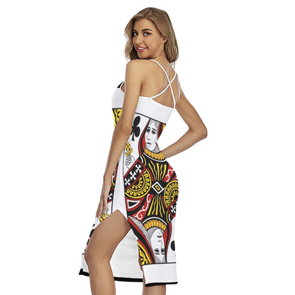 Queen Of Clubs Playing Card Print Cross Back Cami Dress