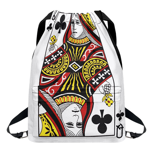 Queen Of Clubs Playing Card Print Drawstring Backpack