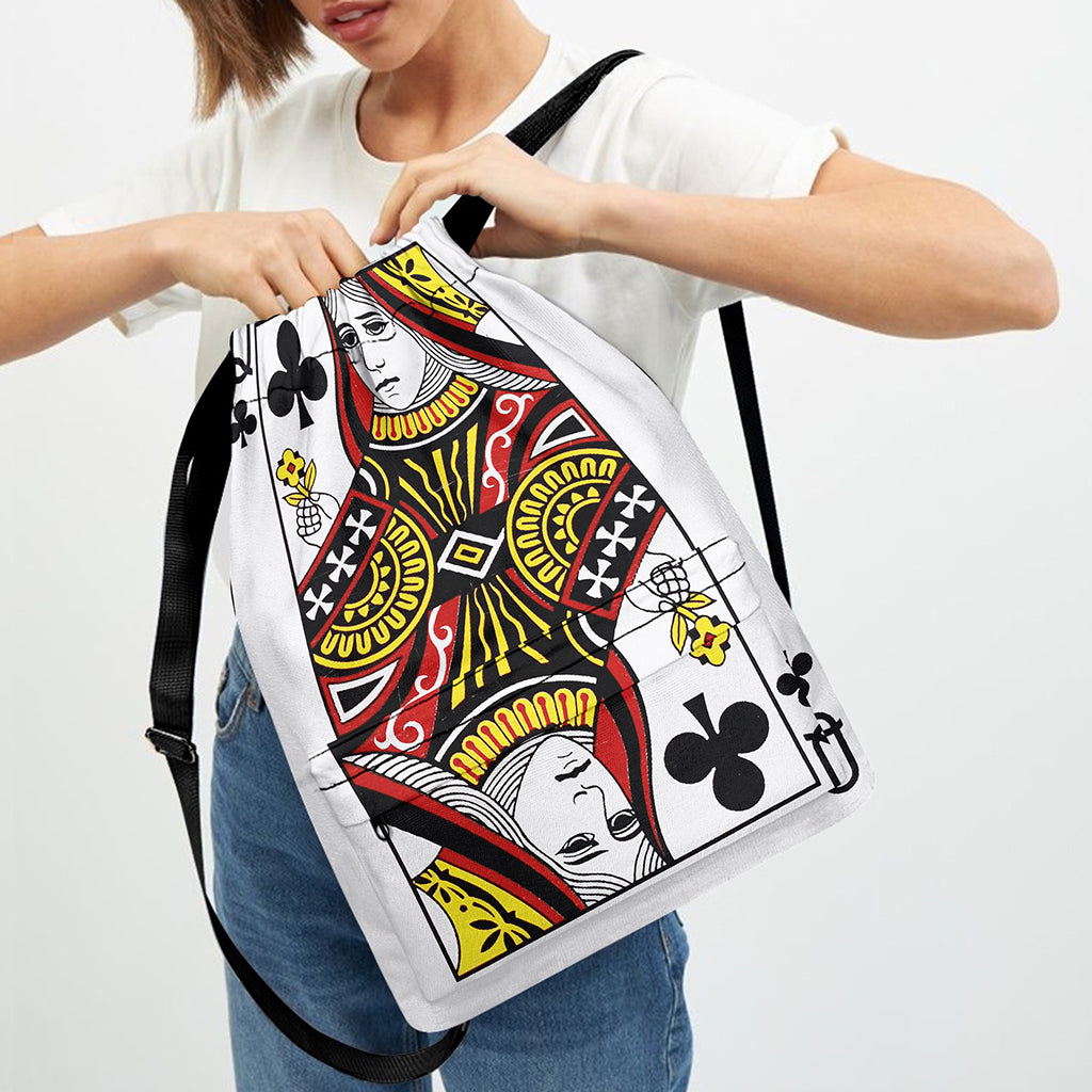 Queen Of Clubs Playing Card Print Drawstring Backpack