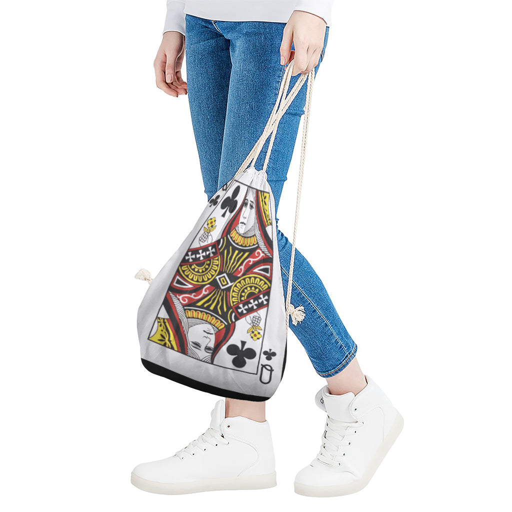 Queen Of Clubs Playing Card Print Drawstring Bag