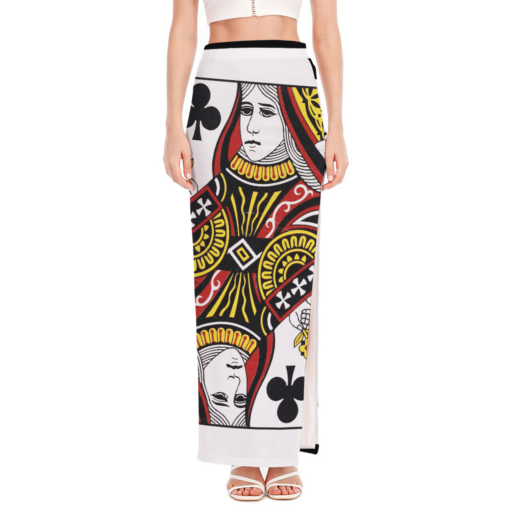 Queen Of Clubs Playing Card Print High Slit Maxi Skirt