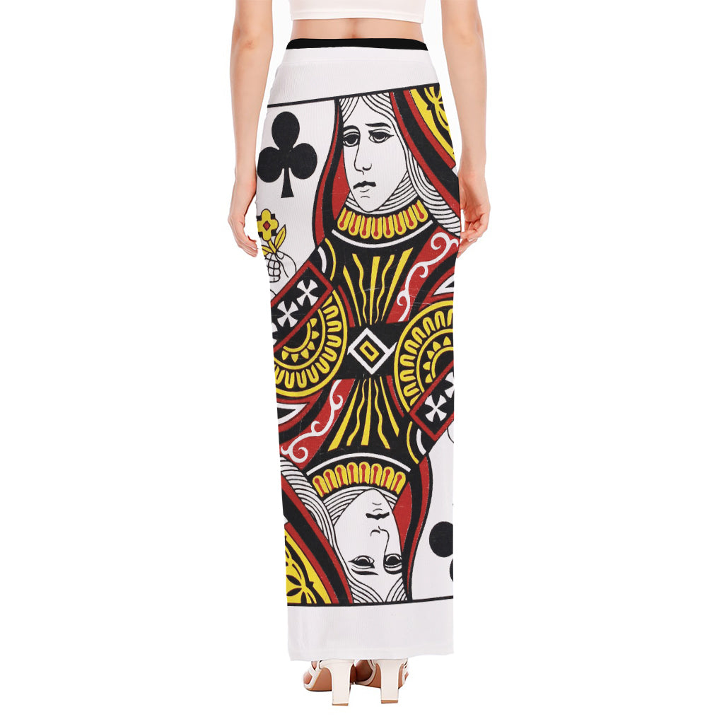 Queen Of Clubs Playing Card Print High Slit Maxi Skirt