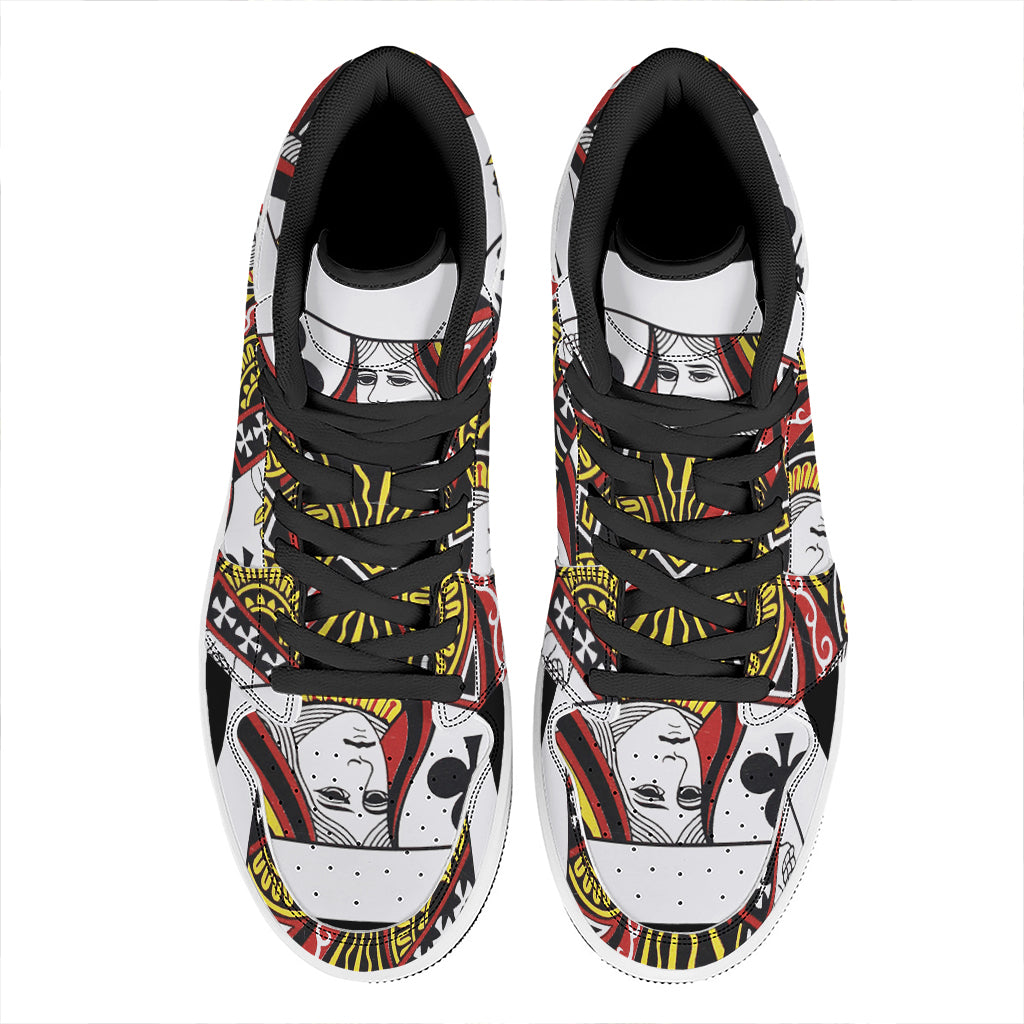 Queen Of Clubs Playing Card Print High Top Leather Sneakers