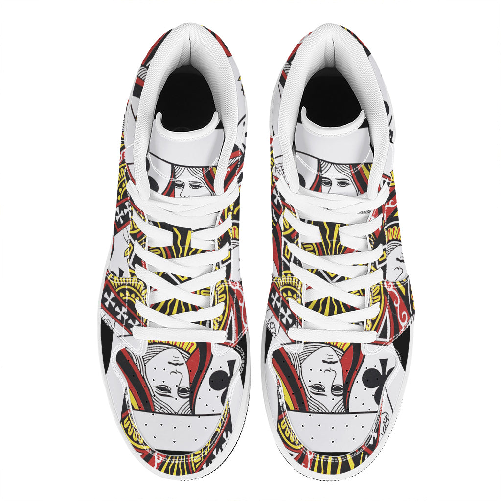 Queen Of Clubs Playing Card Print High Top Leather Sneakers