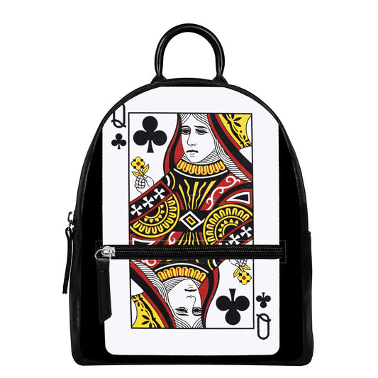 Queen Of Clubs Playing Card Print Leather Backpack
