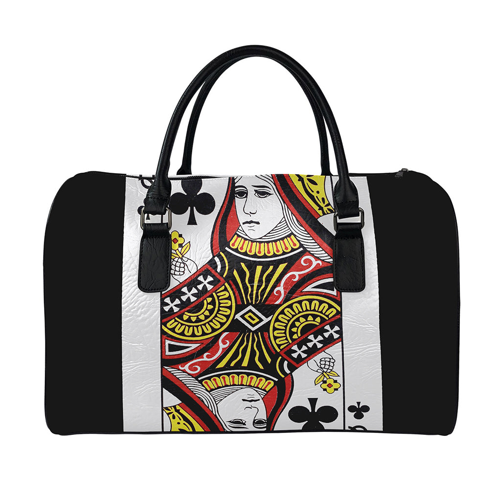 Queen Of Clubs Playing Card Print Leather Duffle Bag